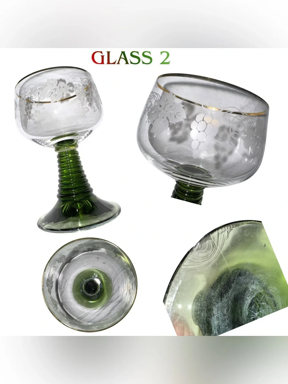 Vintage German Roemer Wine Glasses Set 3 Green Beehive Stem - Picture 4 of 5